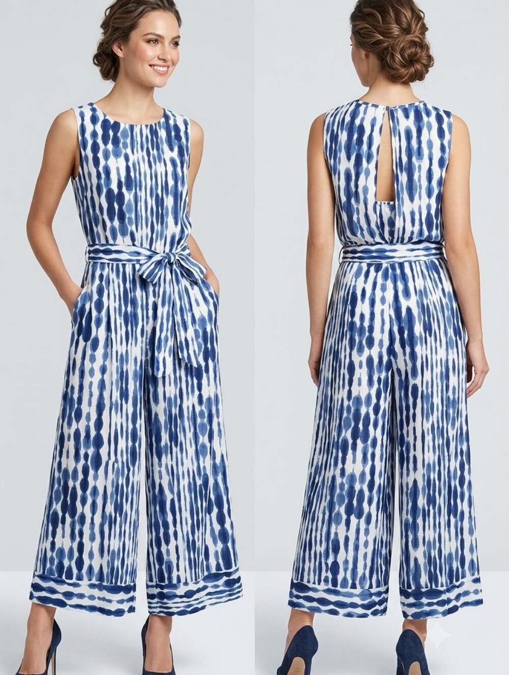 Sleeveless Blue Tie-Waist Wide-Leg Jumpsuit